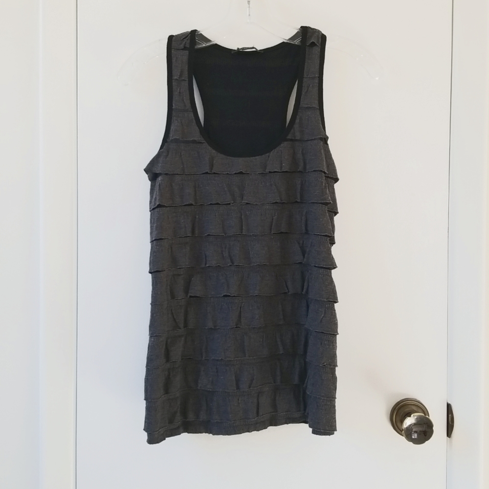 Gray and black racerback ruffle tank